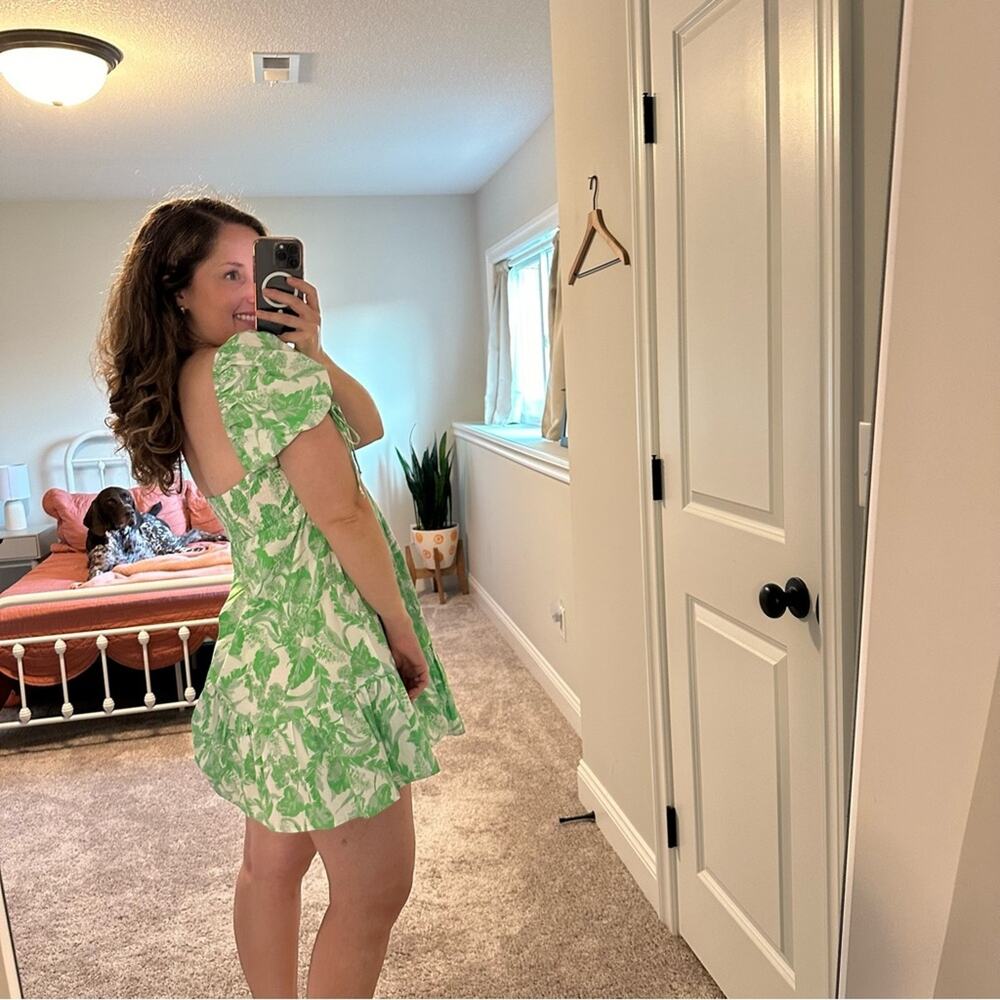 Tuckernuck Mason Baker Green White Floral Cotton Puff Sleeve Sexy Mini Dress M - Picture 3 of 14